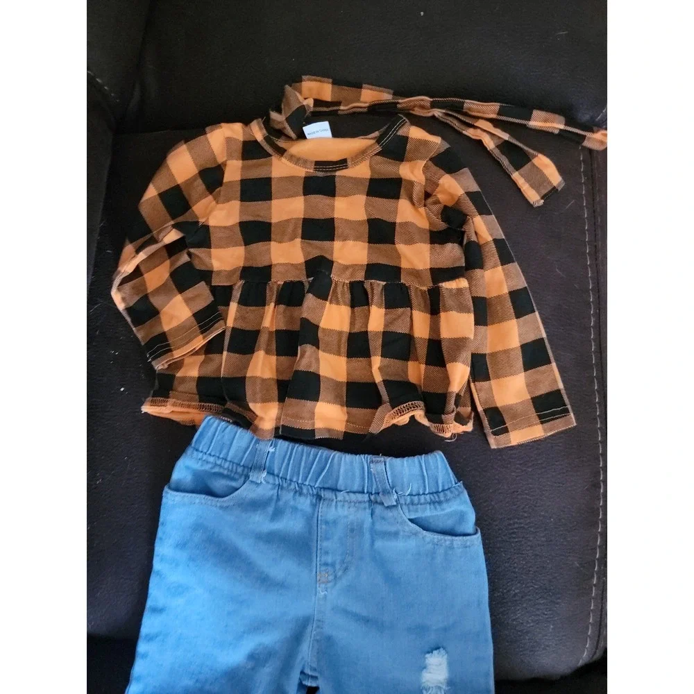 Fall Halloween orange plaid outfit top jeans belt size 18 24 months boutique